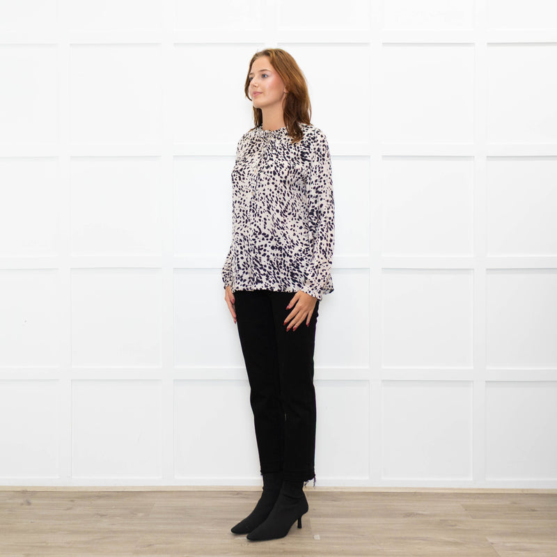 Project AJ 117 Cream Black Animal Print Ruffle Trim Blouse
