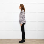 Project AJ 117 Cream Black Animal Print Ruffle Trim Blouse
