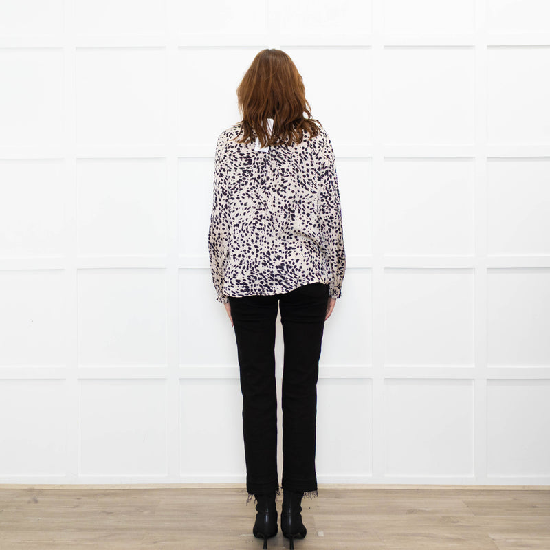 Project AJ 117 Cream Black Animal Print Ruffle Trim Blouse