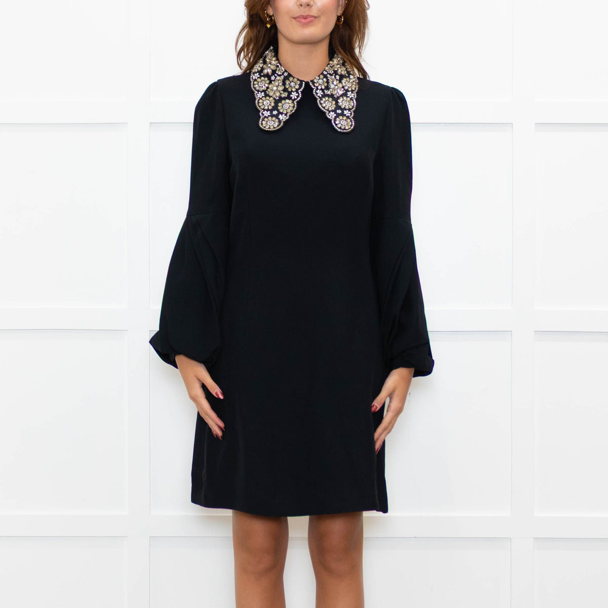 Andrew GN Black Silver Embellished Collar Puffed Sleeves Dress