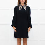 Andrew GN Black Silver Embellished Collar Puffed Sleeves Dress