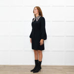 Andrew GN Black Silver Embellished Collar Puffed Sleeves Dress