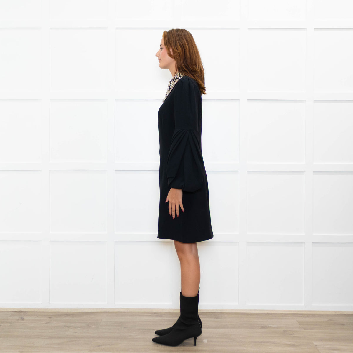 Andrew GN Black Silver Embellished Collar Puffed Sleeves Dress