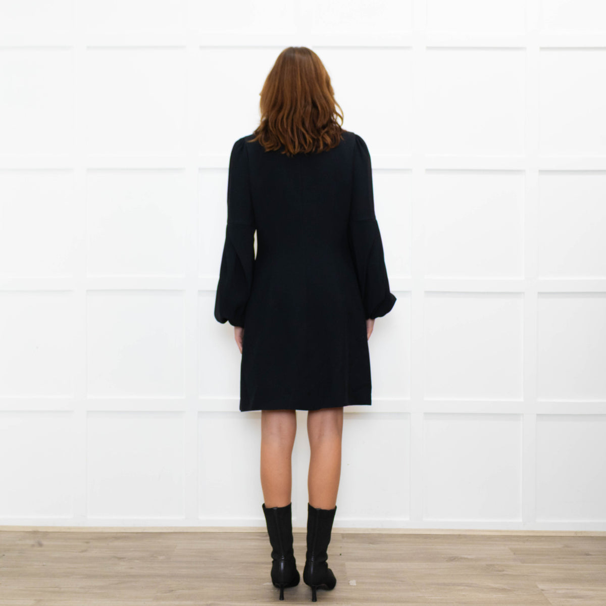 Andrew GN Black Silver Embellished Collar Puffed Sleeves Dress