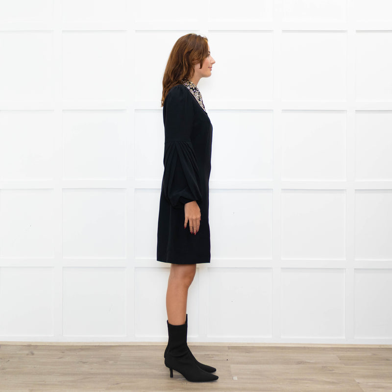 Andrew GN Black Silver Embellished Collar Puffed Sleeves Dress