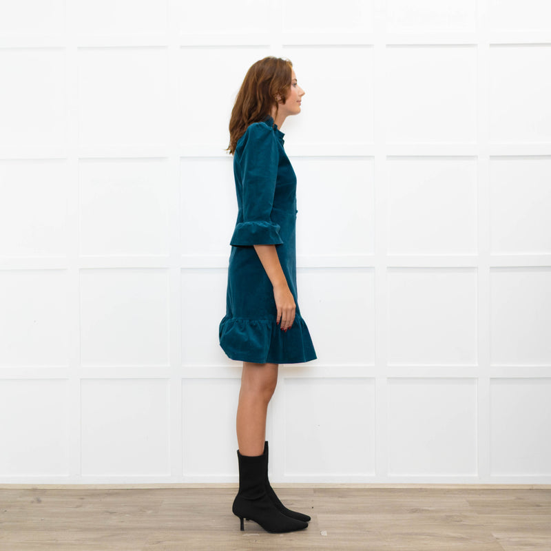 Aspiga Teal Stretch Corduroy Frill Trim Dress