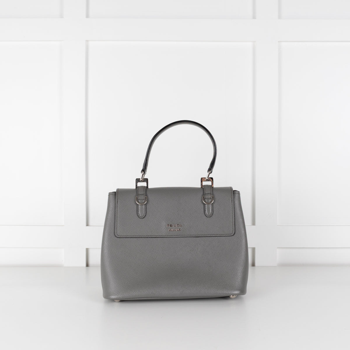Prada Grey Saffiano Leather Turn Lock Flap Top Handle Bag