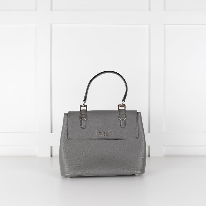 Prada Grey Saffiano Leather Turn Lock Flap Top Handle Bag