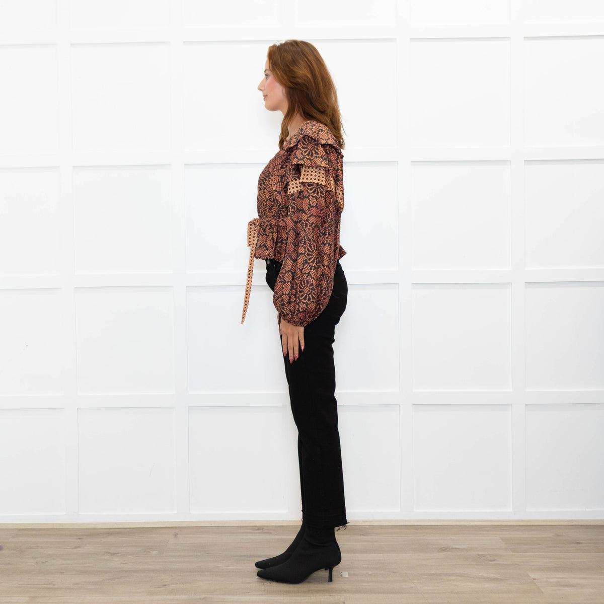 Ulla Johnson Black Red Print Frill Detail Sleeves Belted Waist Silk Top