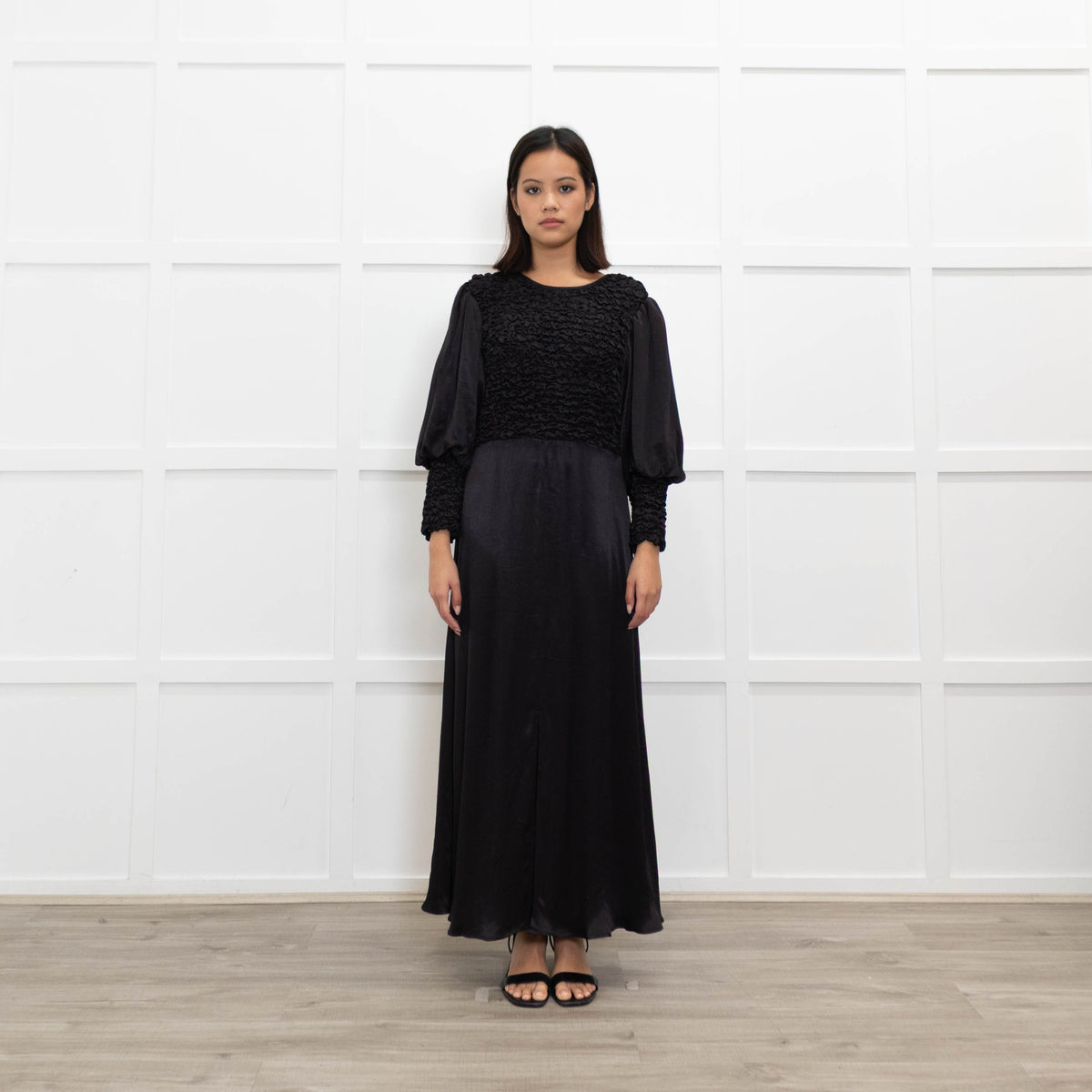 By Timo Black Dress With Smocking Detail & Front Split