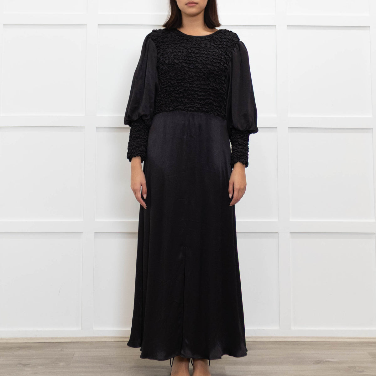 By Timo Black Dress With Smocking Detail & Front Split