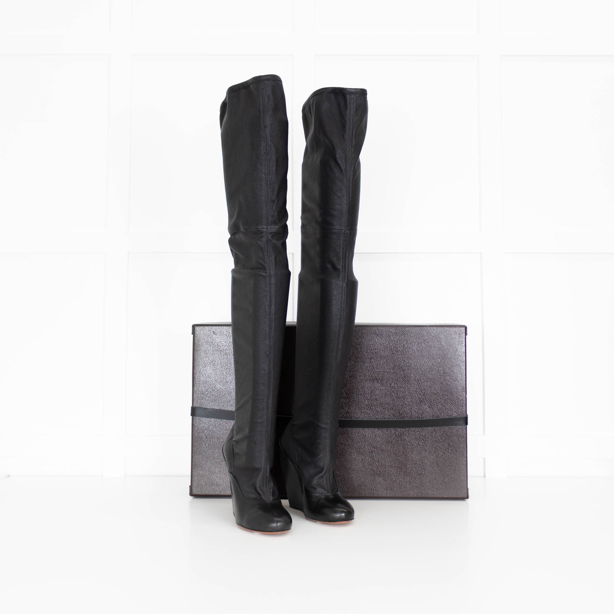 Alaia Black Over The Knee Leather Wedge Boots