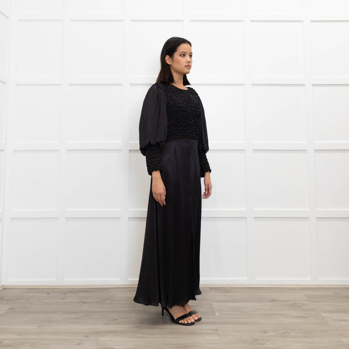 By Timo Black Dress With Smocking Detail & Front Split