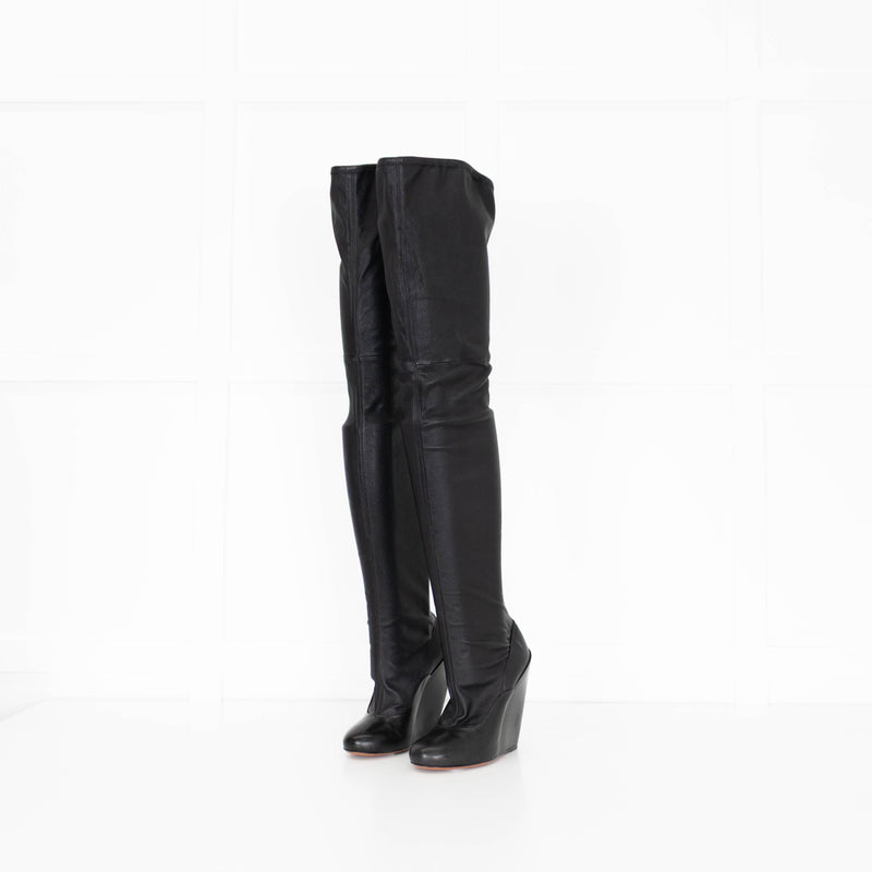 Alaia Black Over The Knee Leather Wedge Boots