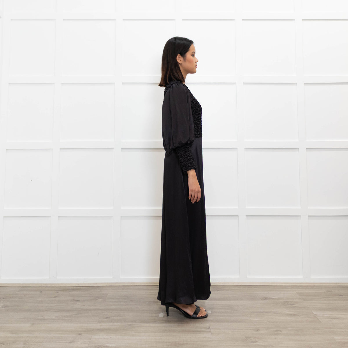 By Timo Black Dress With Smocking Detail & Front Split