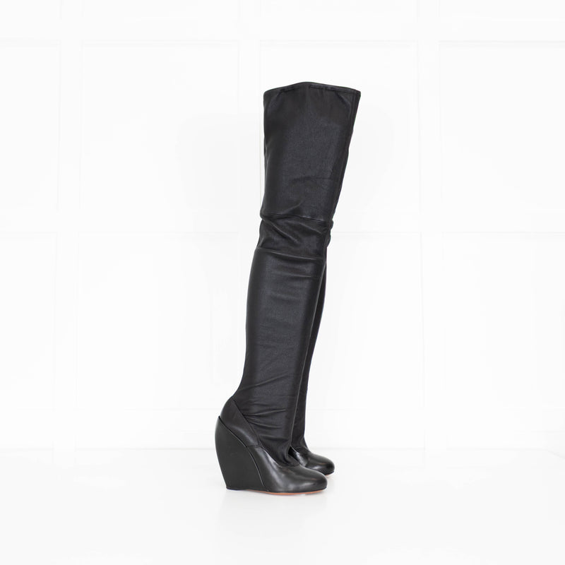 Alaia Black Over The Knee Leather Wedge Boots
