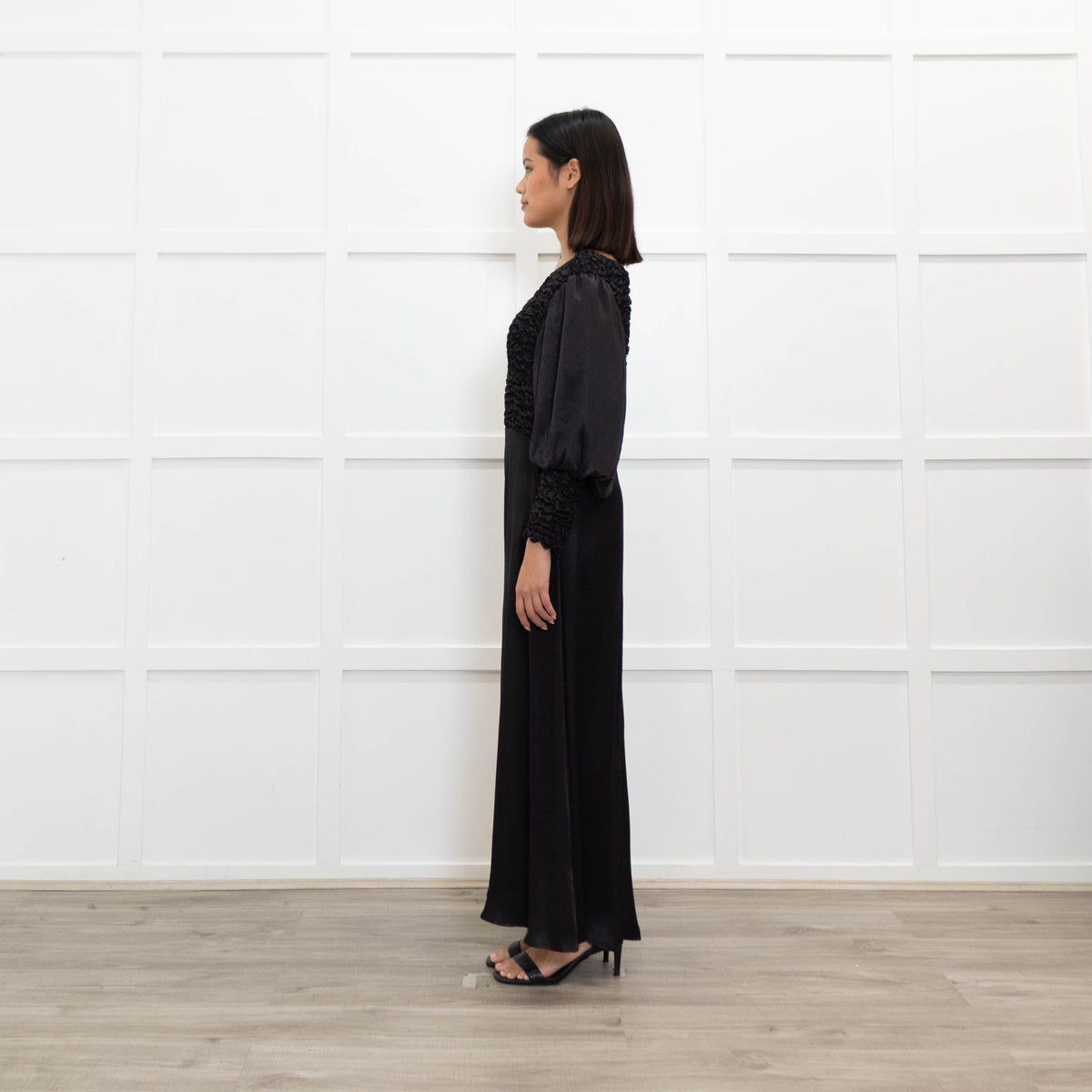 By Timo Black Dress With Smocking Detail & Front Split