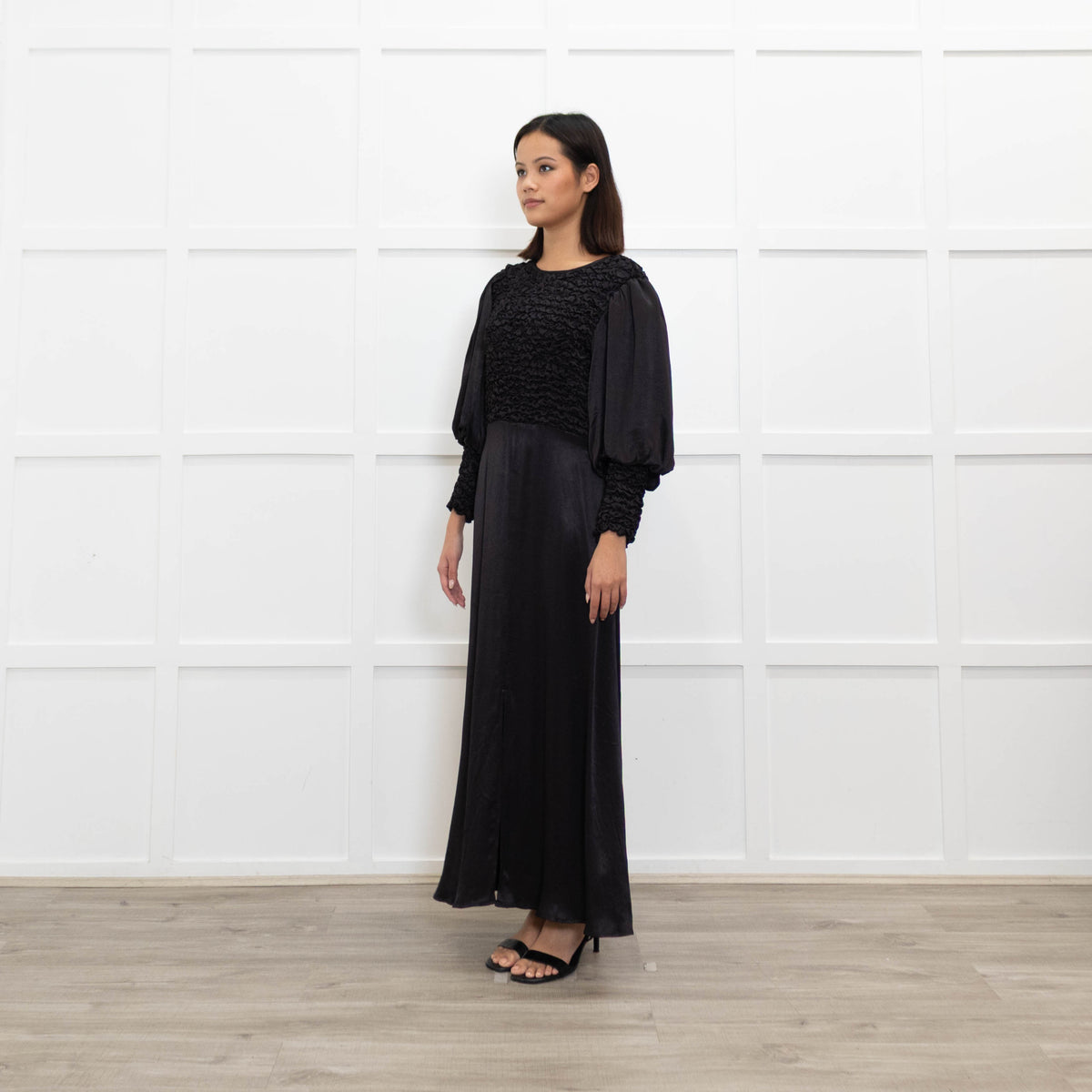 By Timo Black Dress With Smocking Detail & Front Split