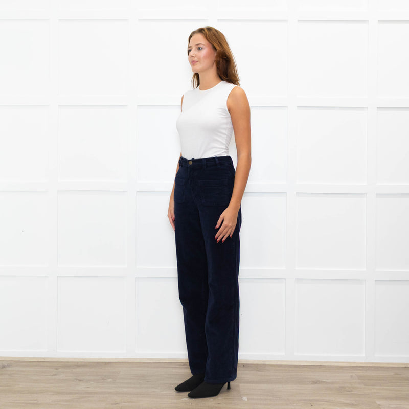 Ba&sh Navy Cord Patch Pocket Wide Leg Trousers