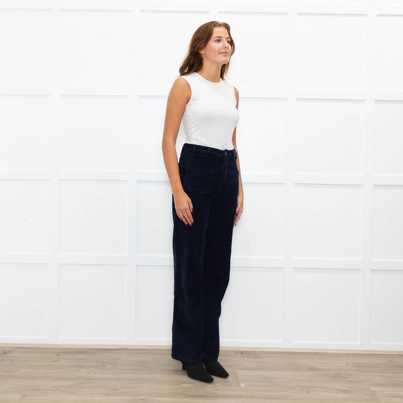 Ba&sh Navy Cord Patch Pocket Wide Leg Trousers