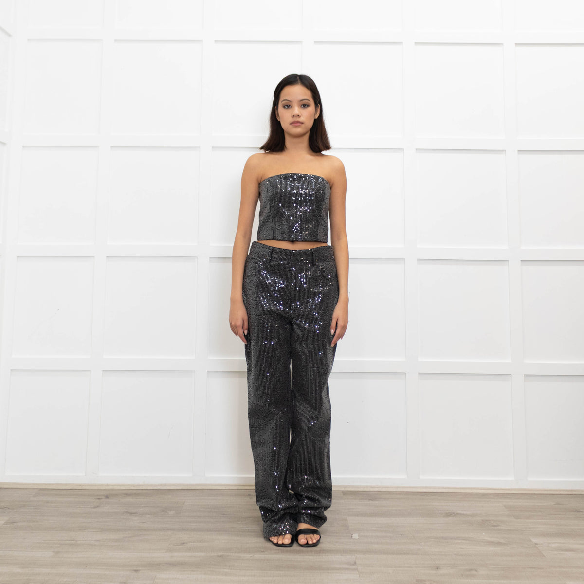Rotate Birger Christensen Dark Grey Sequin Crop Bandeau Top