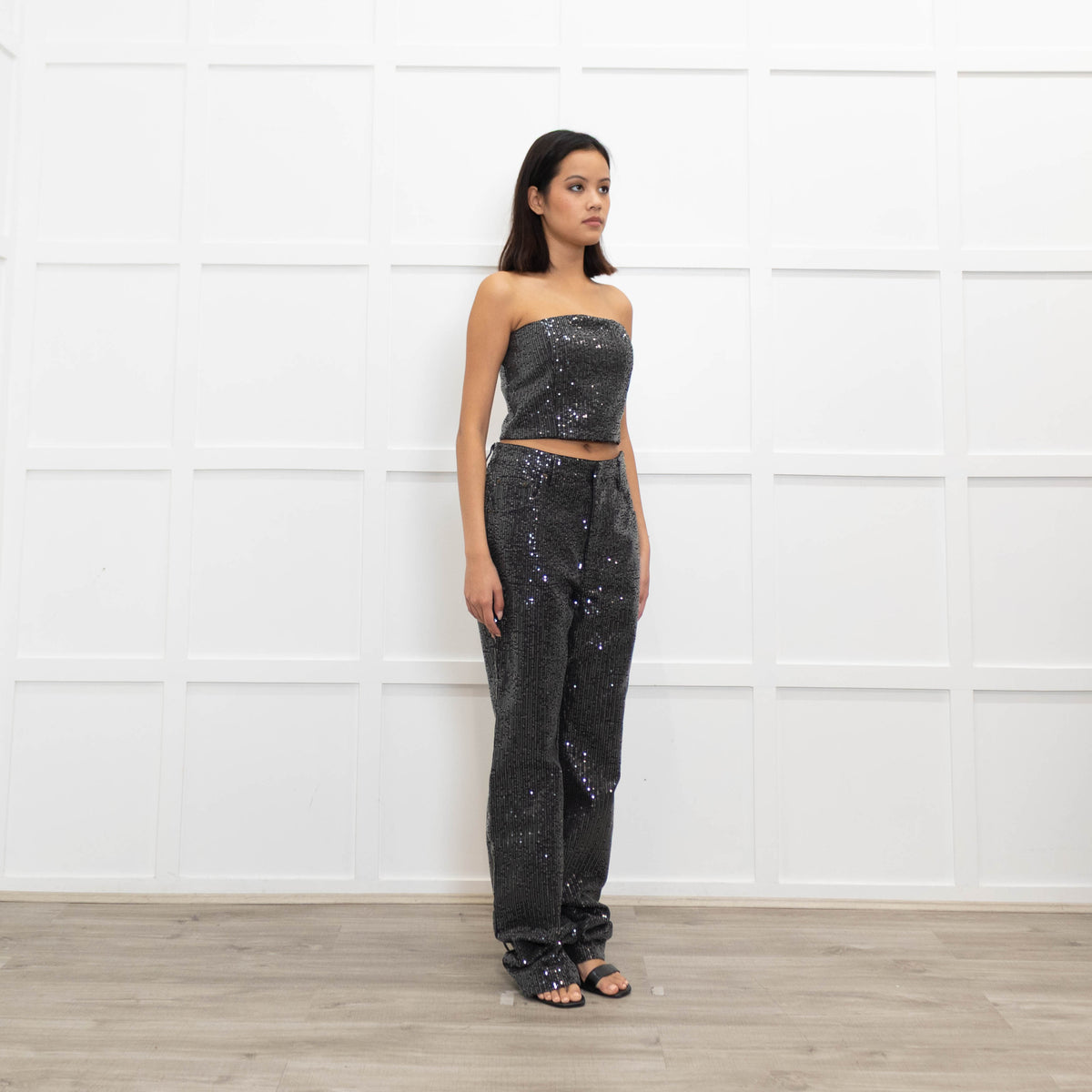 Rotate Birger Christensen Dark Grey Sequin Crop Bandeau Top