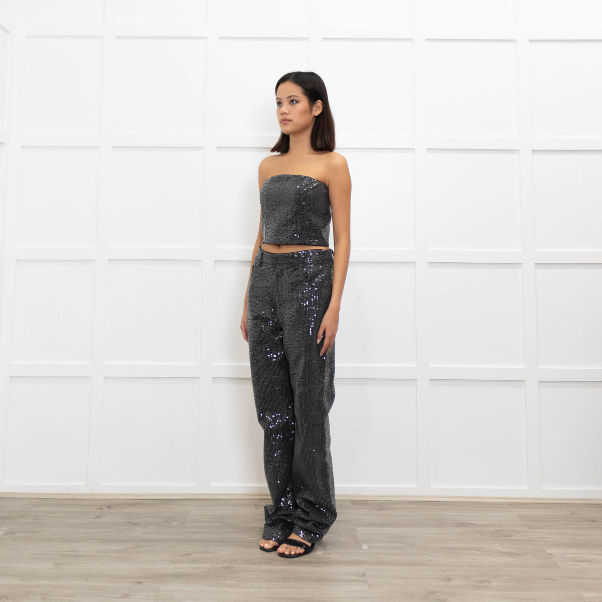 Rotate Birger Christensen Dark Grey Sequin Crop Bandeau Top