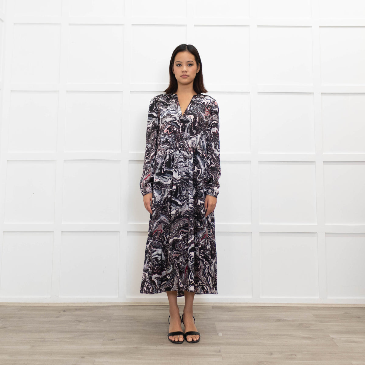 Charlotte Sparre Dark Grey Marble Print Long Sleeve Dress