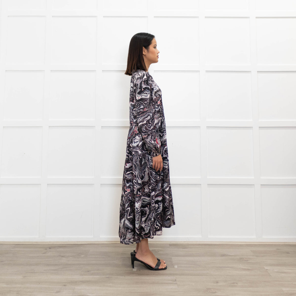 Charlotte Sparre Dark Grey Marble Print Long Sleeve Dress