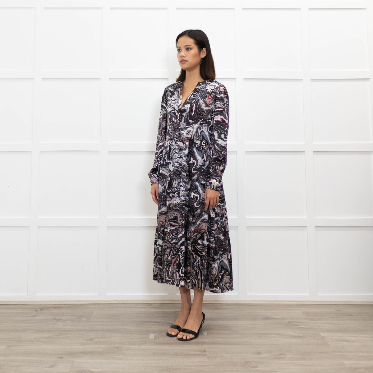 Charlotte Sparre Dark Grey Marble Print Long Sleeve Dress
