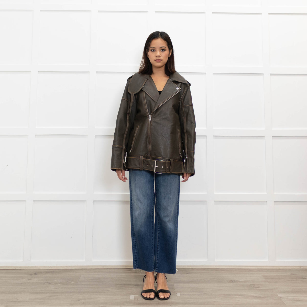 By Malene Birger Brown Leather Oversized Aviator Jacket
