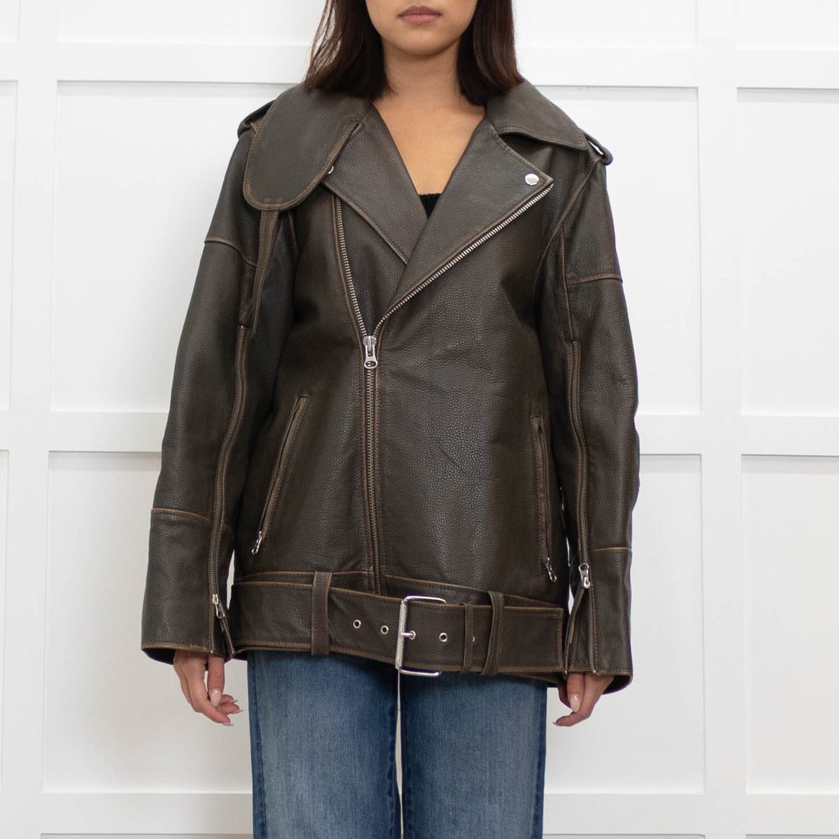 By Malene Birger Brown Leather Oversized Aviator Jacket