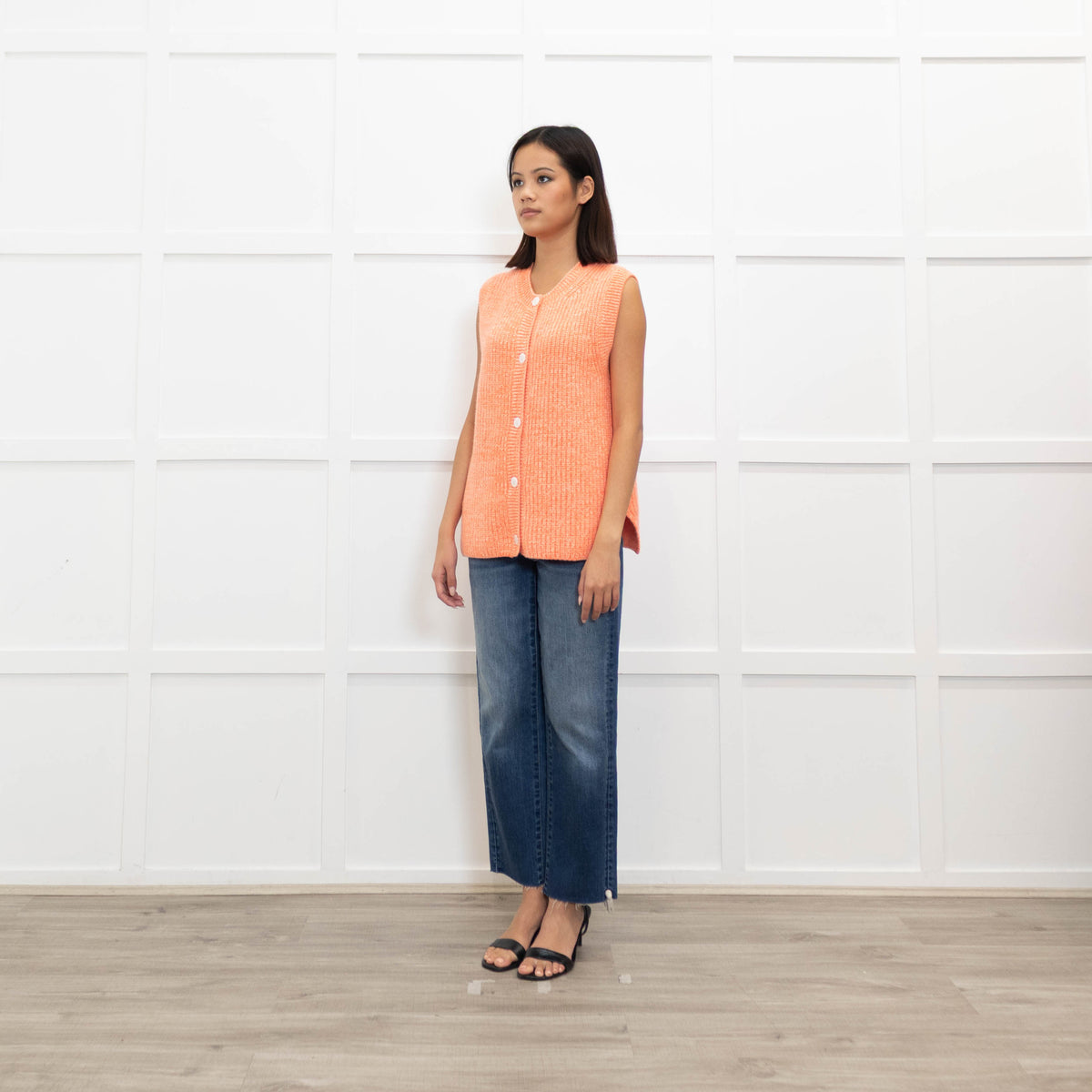 Gussy And Lou Orange and White Fleck Ribbed Sleeveless Cardigan