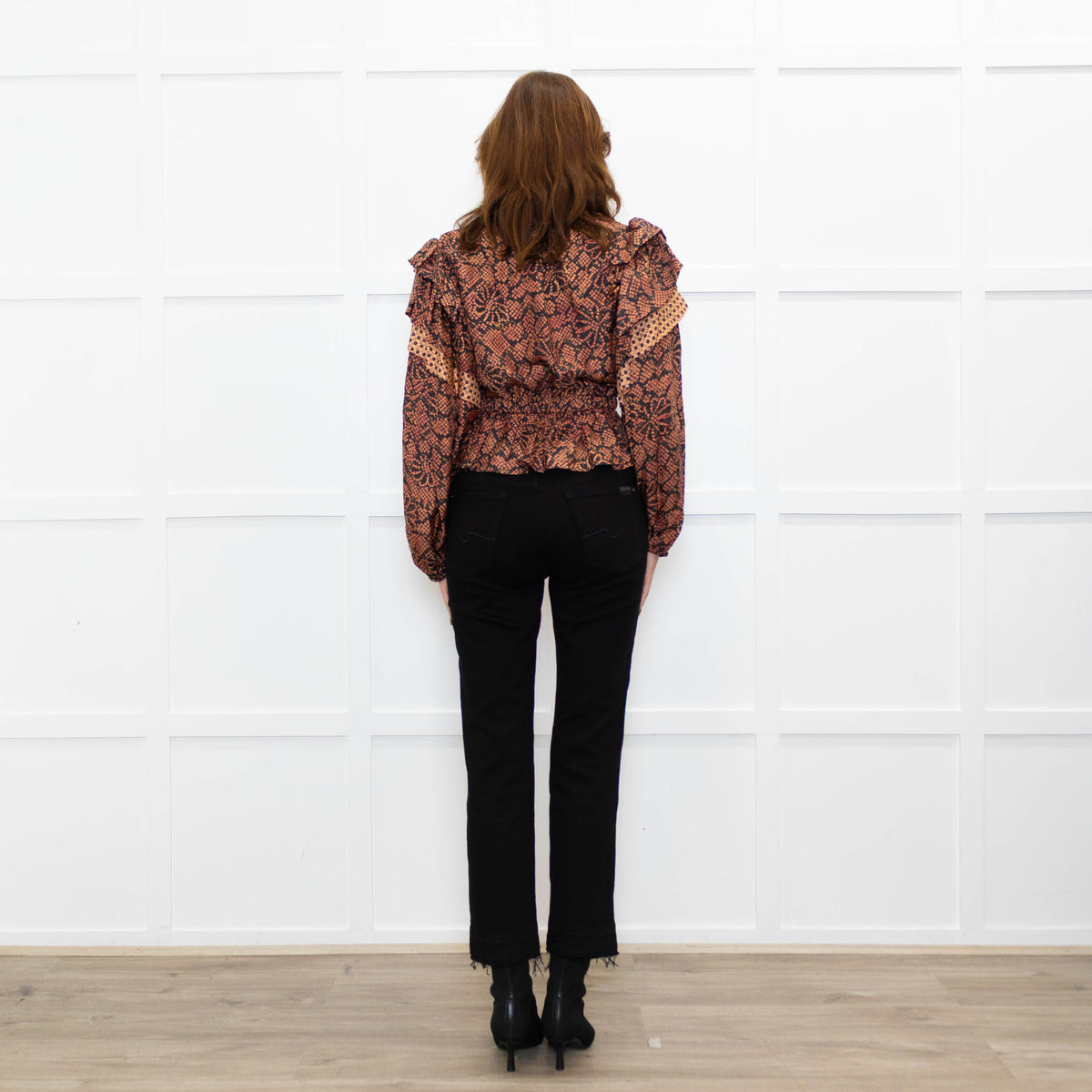 Ulla Johnson Black Red Print Frill Detail Sleeves Belted Waist Silk Top