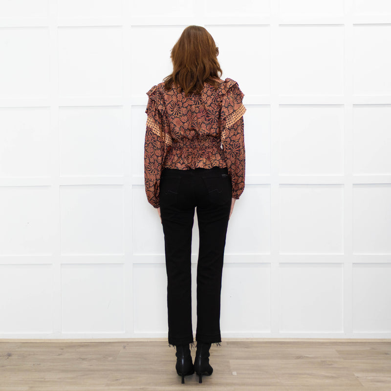 Ulla Johnson Black Red Print Frill Detail Sleeves Belted Waist Silk Top
