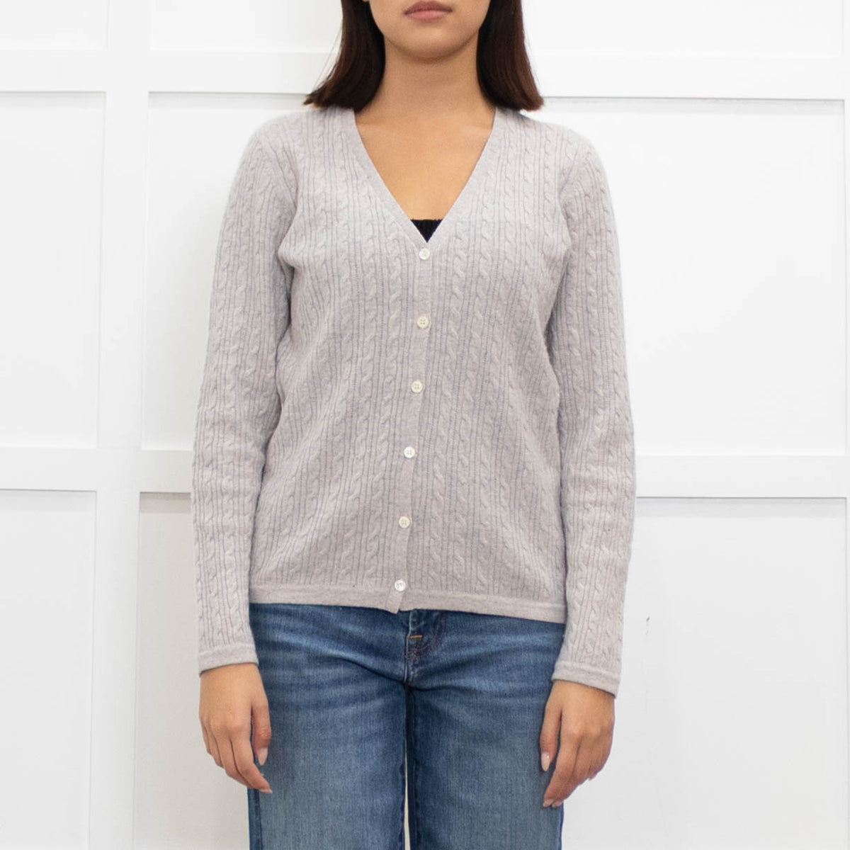 N. Peal Grey Cable Knit Cashmere Caridgan