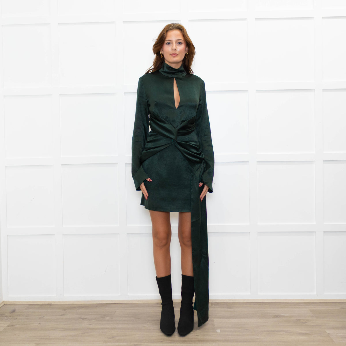 16Arlington Green Satin Mini Dress with Draped Waist