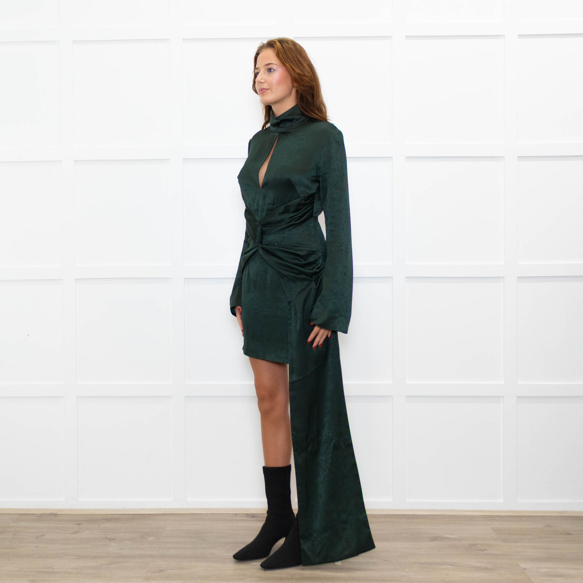 16Arlington Green Satin Mini Dress with Draped Waist