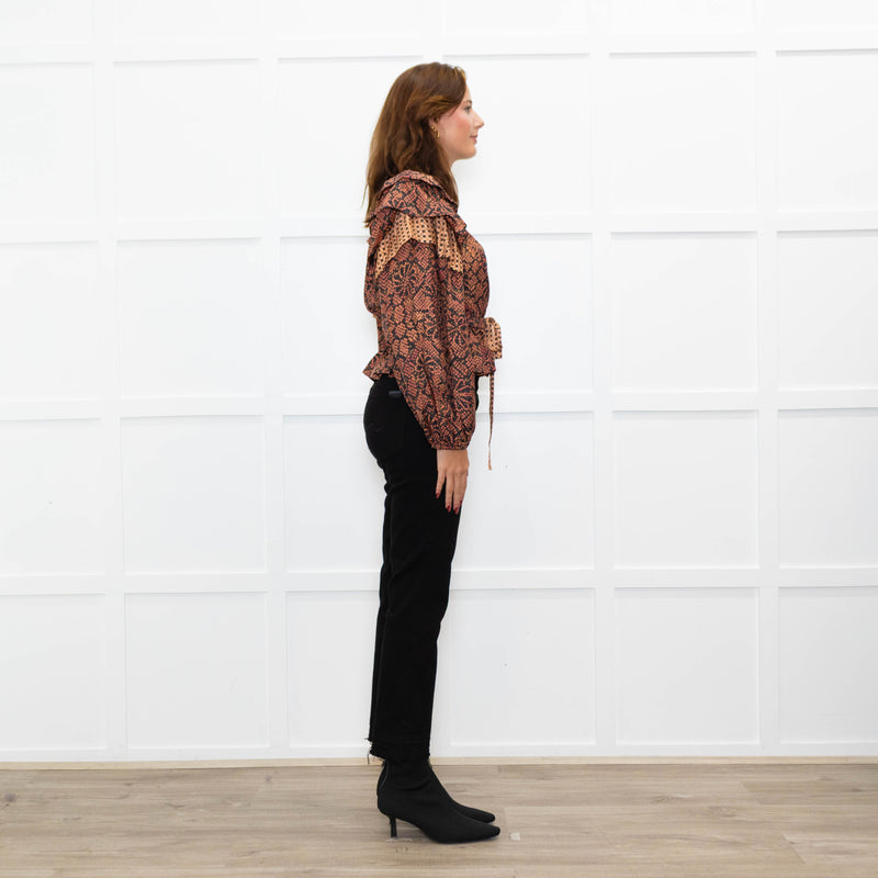 Ulla Johnson Black Red Print Frill Detail Sleeves Belted Waist Silk Top
