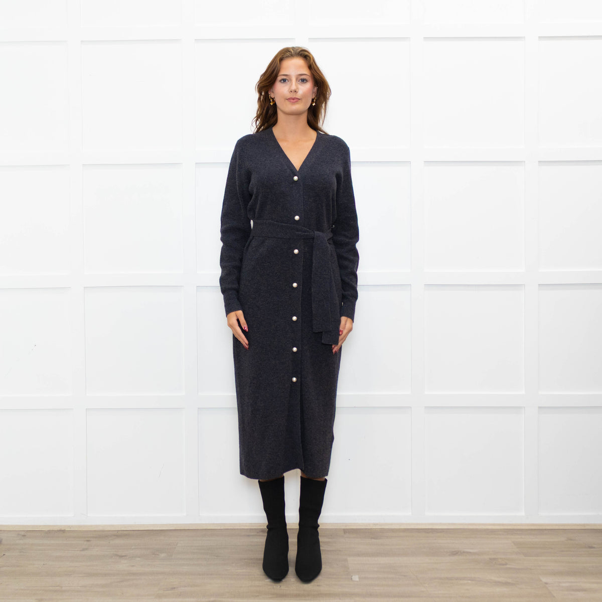 Sandro Grey Pearl Button Rib Knit Dress