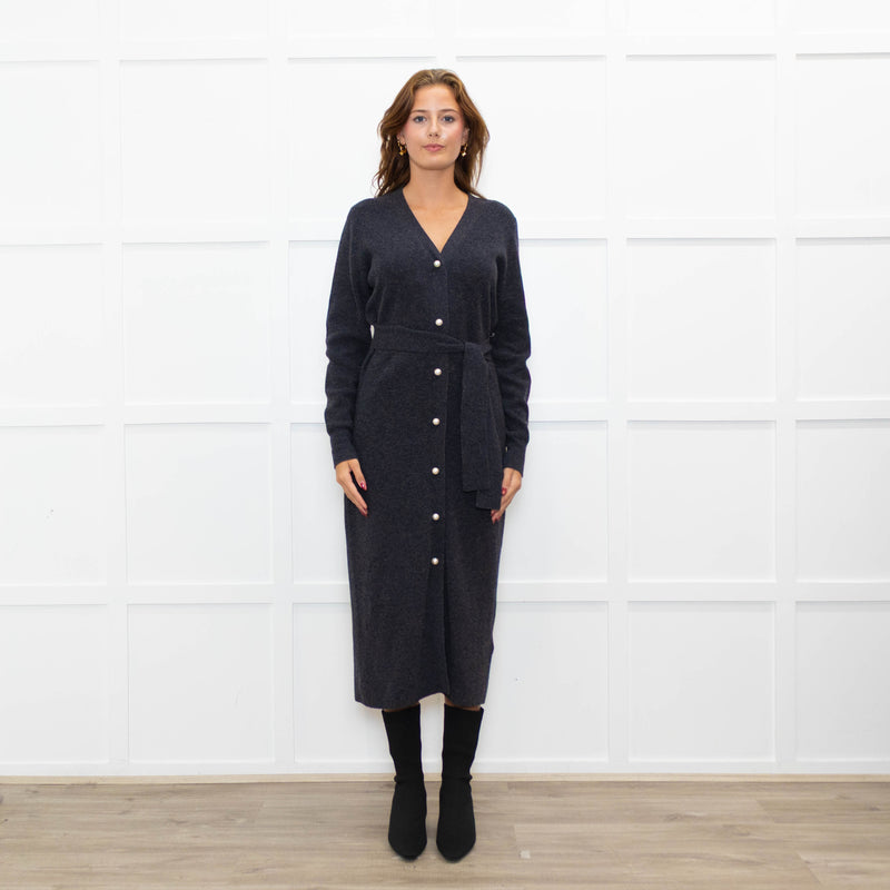 Sandro Grey Pearl Button Rib Knit Dress