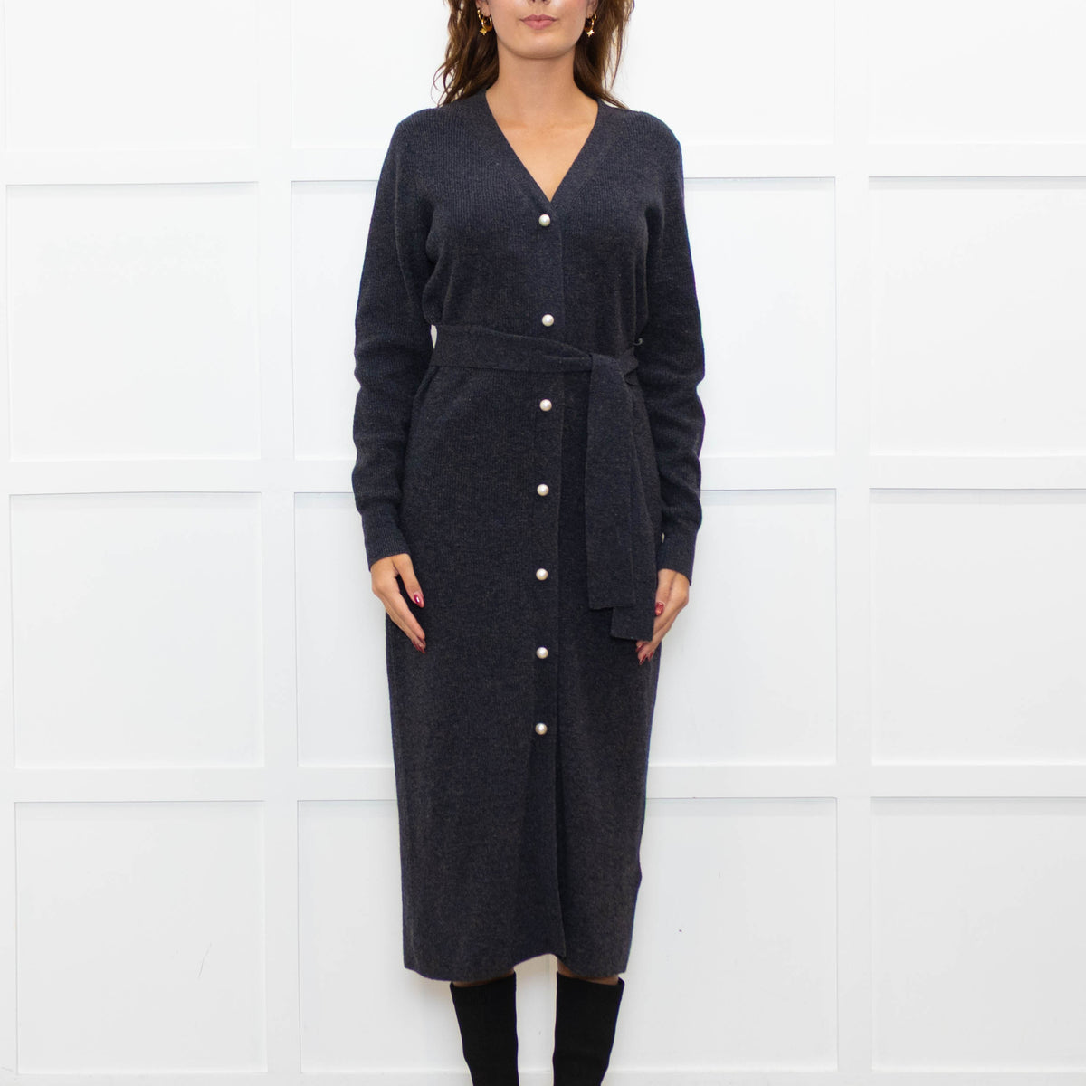 Sandro Grey Pearl Button Rib Knit Dress