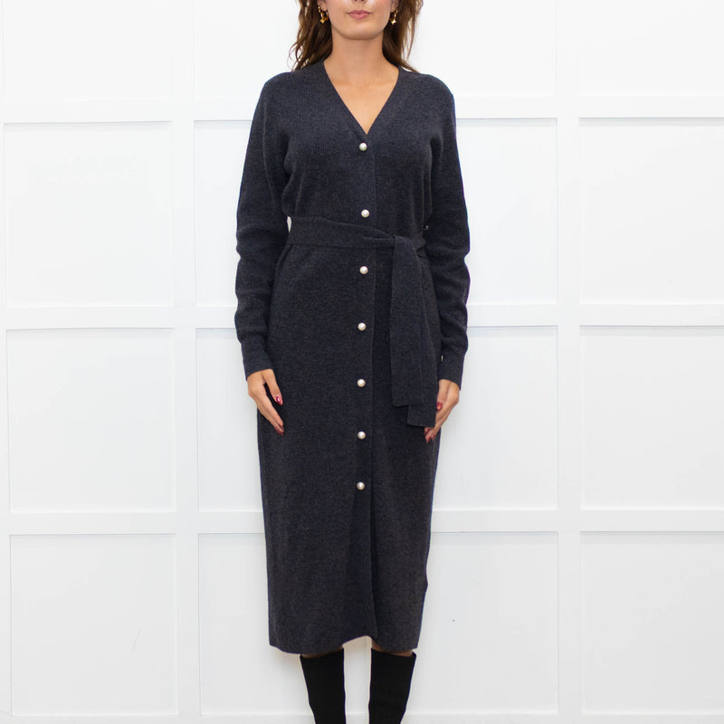 Sandro Grey Pearl Button Rib Knit Dress