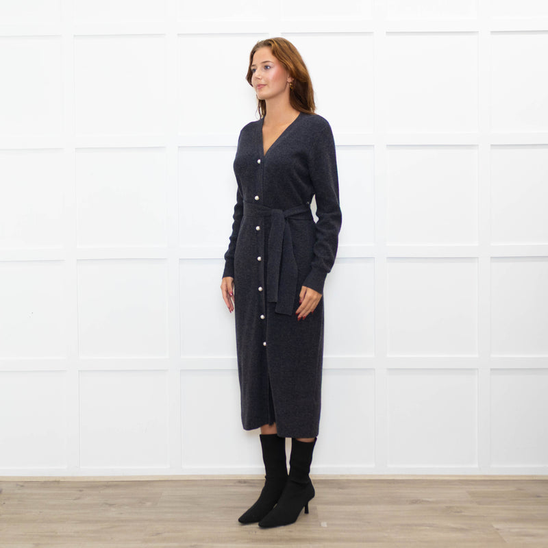 Sandro Grey Pearl Button Rib Knit Dress