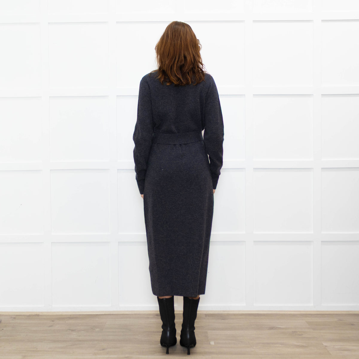 Sandro Grey Pearl Button Rib Knit Dress