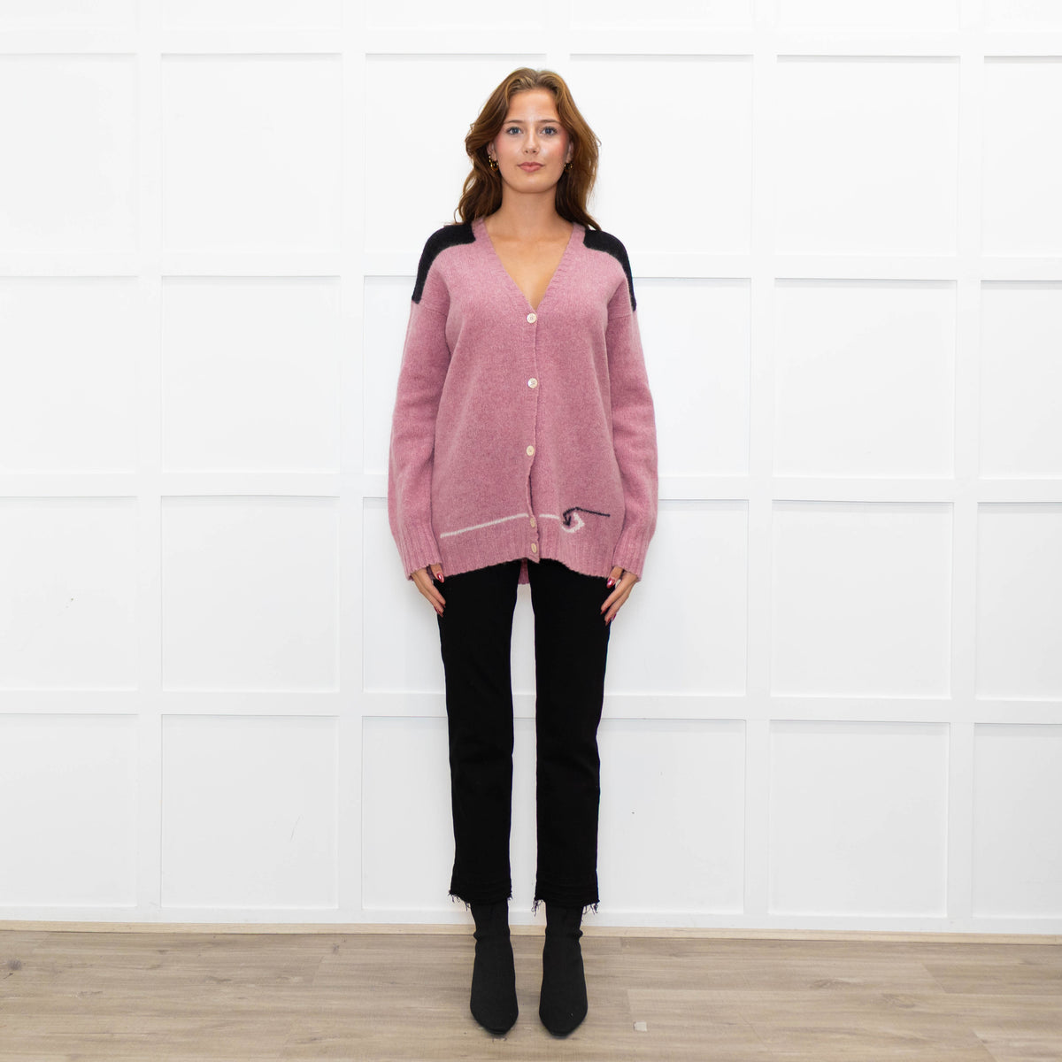 Prada Pink Black Logo Back Wool Oversized Cardigan