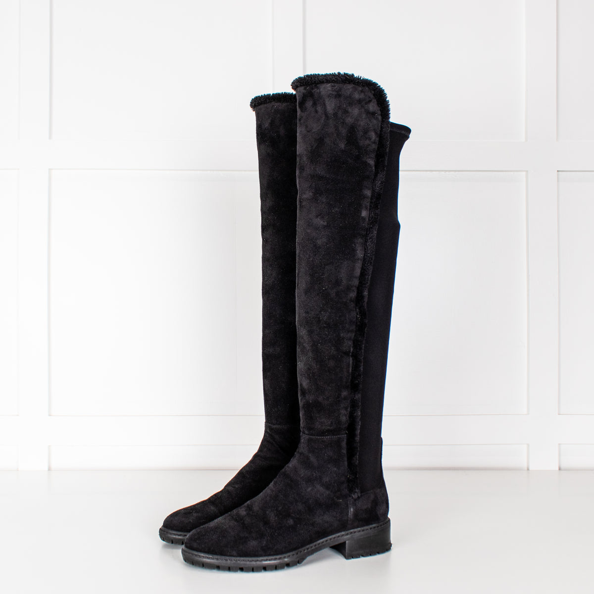 Stuart Weitzman Black Suede & Fabric Over The Knee Boots