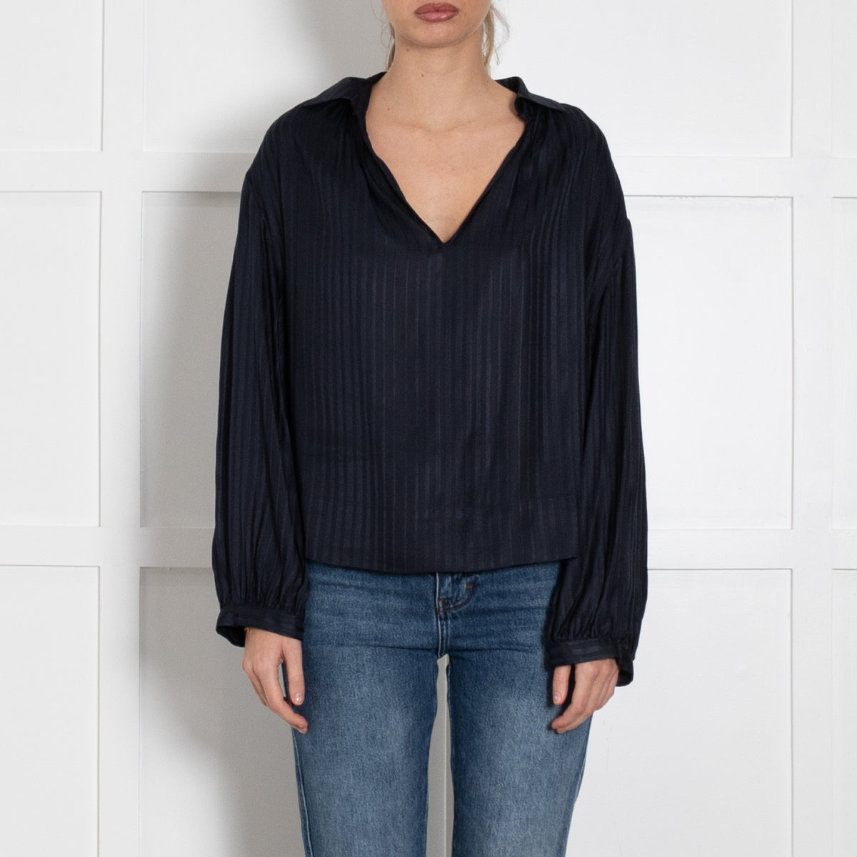 Stella McCartney Navy Blue Stripe Silk Long Sleeved Blouse