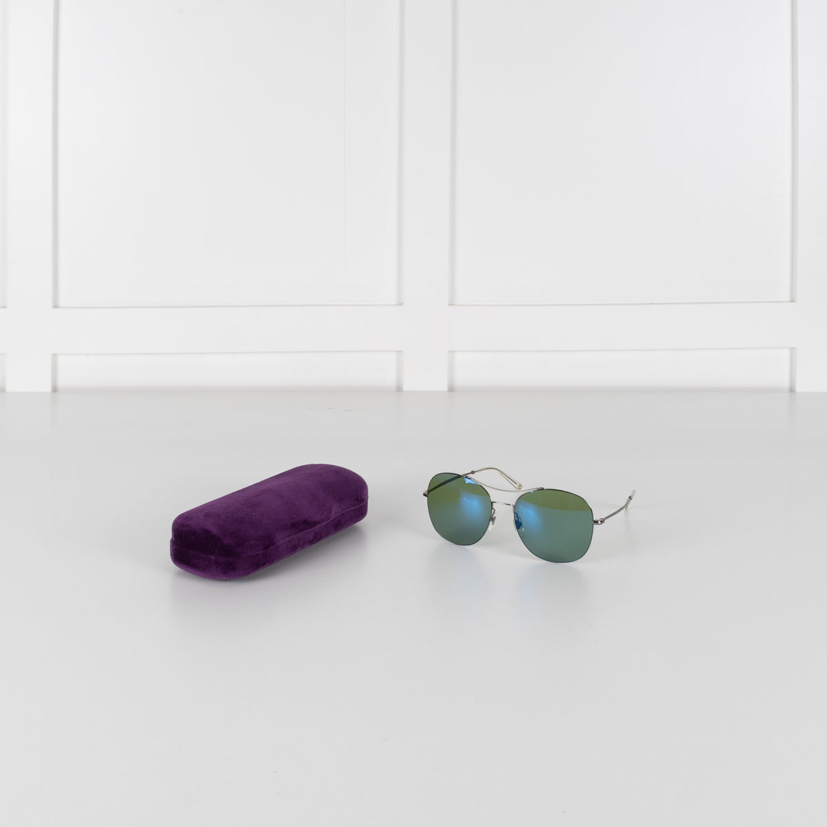 Gucci Ruthenium Blue Lens Aviator Sunglasses With Silver Frame
