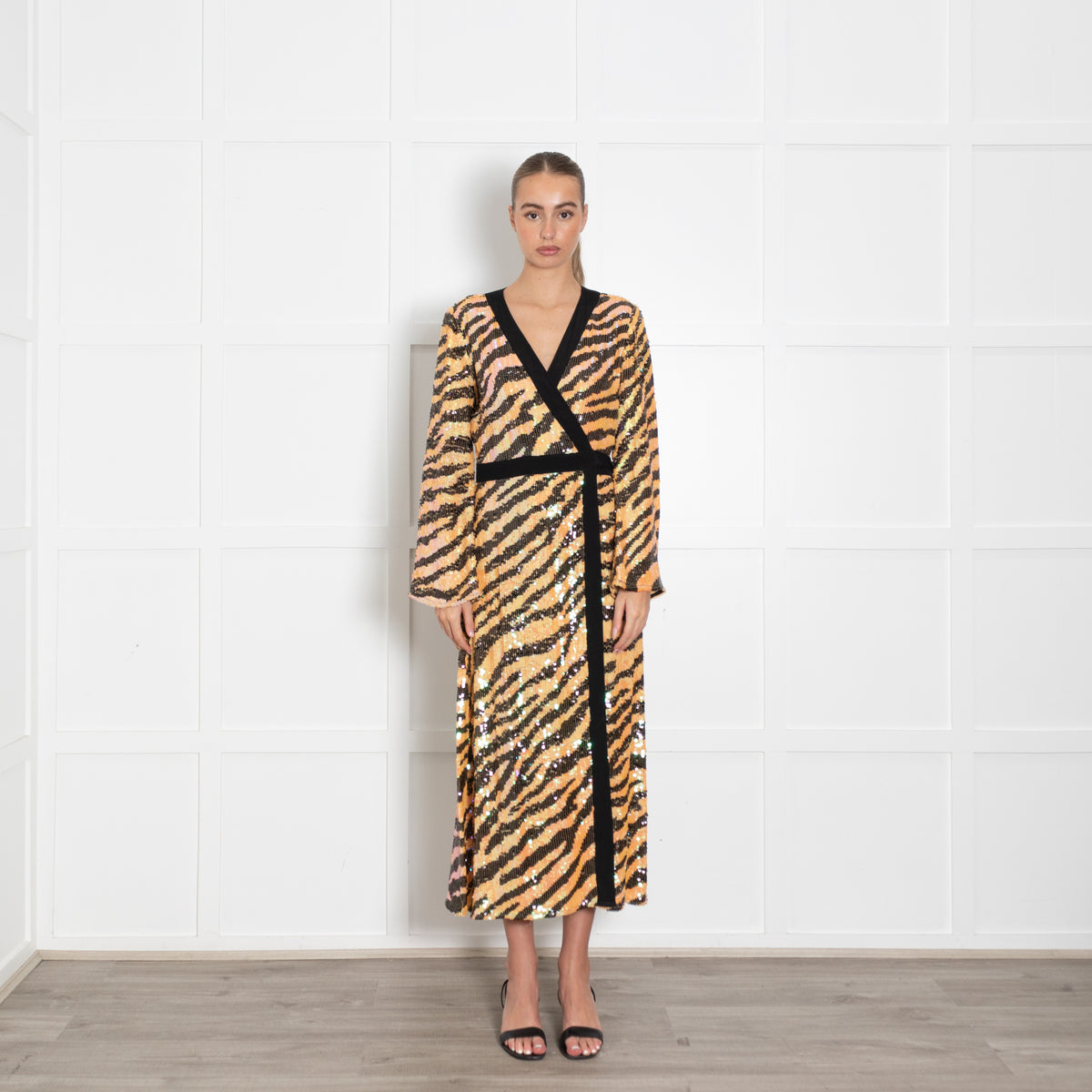 Rixo Tiger Print Sequin Wrap Dress